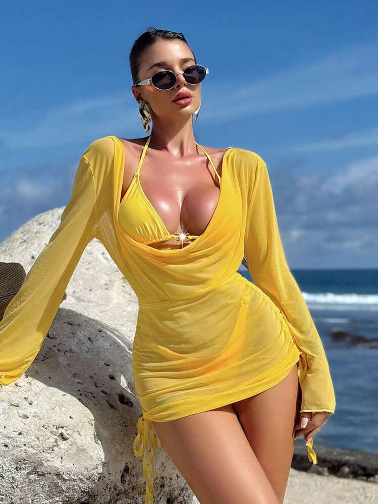 SHEIN Swim Summer Beach Women's Vacation Solid Color Halter Strap Sexy Bikini Set With Cover Up Dress | SHEIN