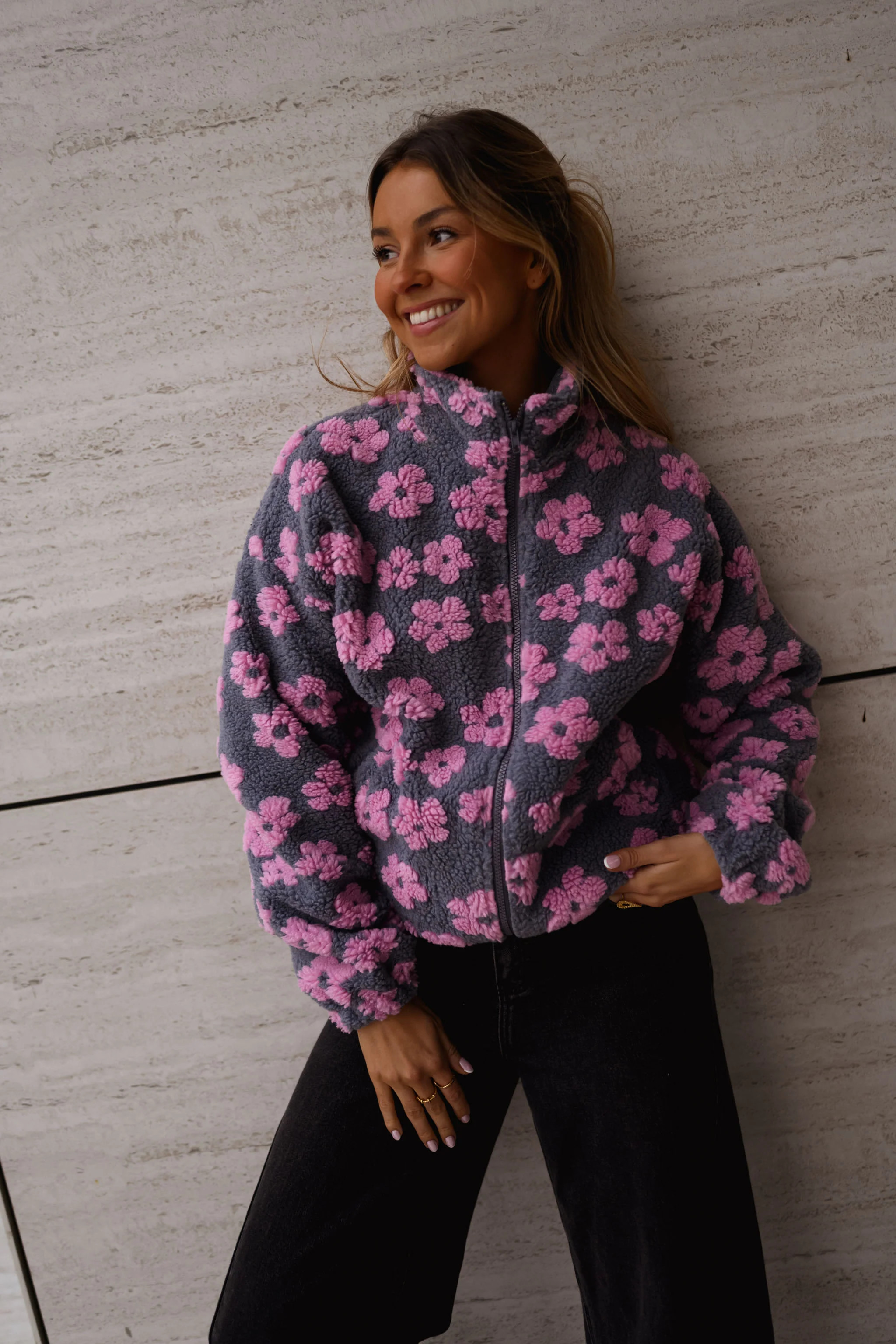 Grey with Pink Floral Tomas Fleece Jacket | Easy Clothes