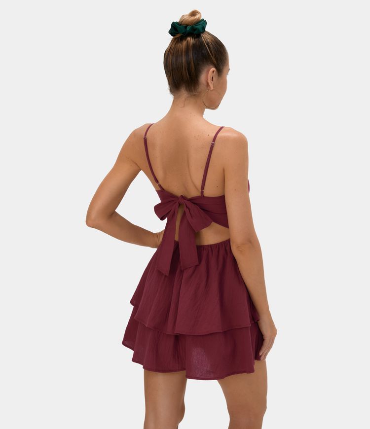 Backless Adjustable Strap Tie Back Tiered Ruffle Flowy Slip Mini Casual Cotton Dress | HALARA
