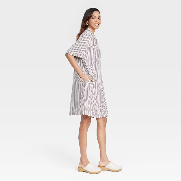 Women's Short Sleeve Button-Front Shirtdress - Universal Thread™ Cream Striped M | Target