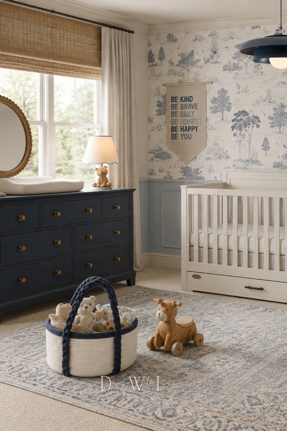 A nursery designed to feel timeless, calming, and full of meaningful details. The soft blue toile wallpaper paired with warm woven textures and layered neutrals creates a space that feels elevated while still inviting and playful. I love the contrast of the deep navy dresser against the lighter crib and rug, giving the room depth while keeping the overall palette soft and serene. The tailored drapery, vintage inspired rug, and sweet finishing touches bring the entire space together in such a collected way.

This nursery concept started as a digital mood board and was transformed into an AI generated design for inspiration, blending classic nursery styling with functional pieces that feel beautiful enough to grow with your home.

Tap through to shop the look on LTK for nursery furniture, lighting, wallpaper inspiration, rugs, and decor selections.

#nurseryinspo #nurserydecor #ltkhome 

 #LTKHome

#LTKHome