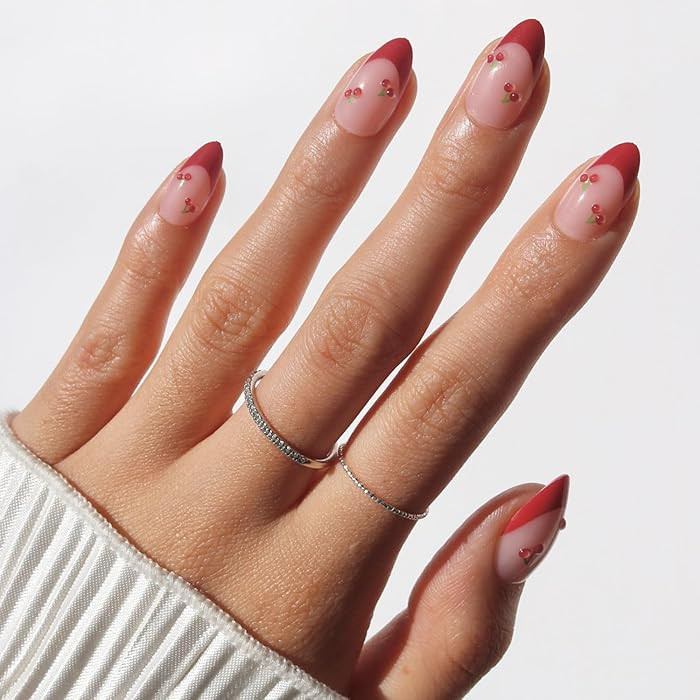 Glamnetic Press On Nails - Cherry Bomb | Short Almond Fake Nails with Glossy Red French Tips & 3D... | Amazon (US)
