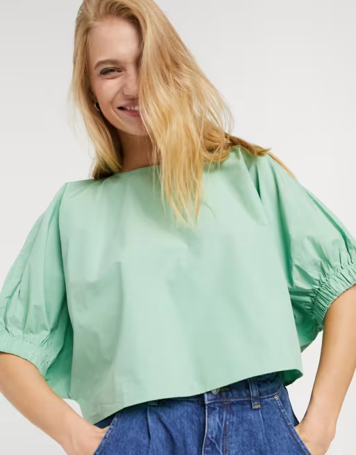 Weekday Cece organic cotton cropped balloon sleeve blouse in sage green | ASOS (Global)