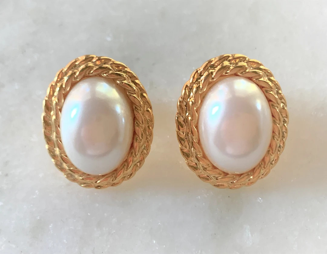 TAT Signed Oval Imitation Pearl Pierced Earrings Hand Set in Roped Gold Tone Frame - Made in USA ... | Etsy (US)