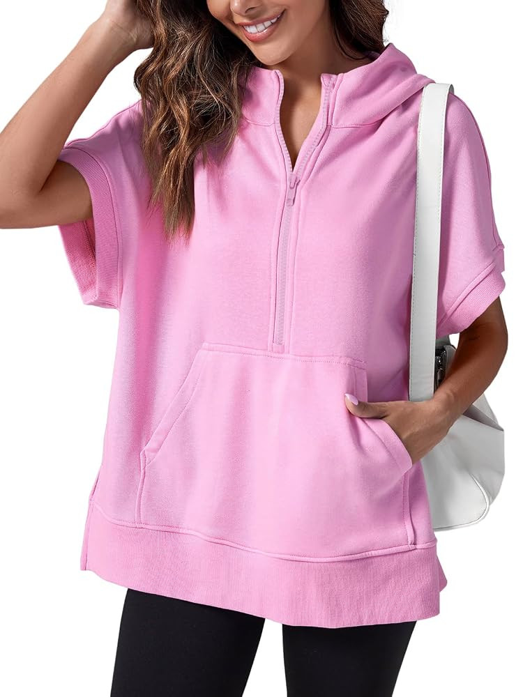 Fisoew Womens Oversized Half Zip Hoodies Short Sleeve Casual Sweatshirts Pullover Tops with Pocke... | Amazon (US)