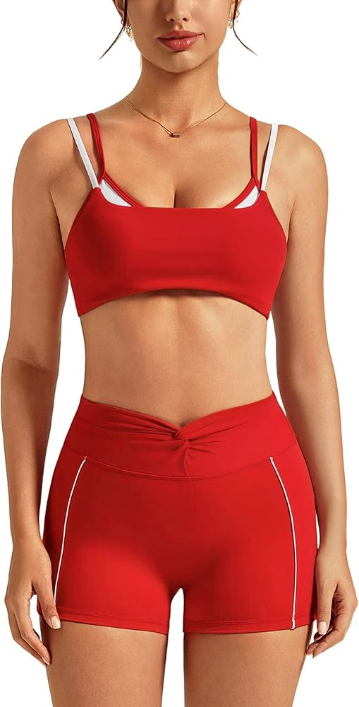 ABOCIW Workout Sets for Women 2 Piece Twist Back Layered Sports Bra Mini Shorts Yoga Pilates Outf... | Amazon (US)