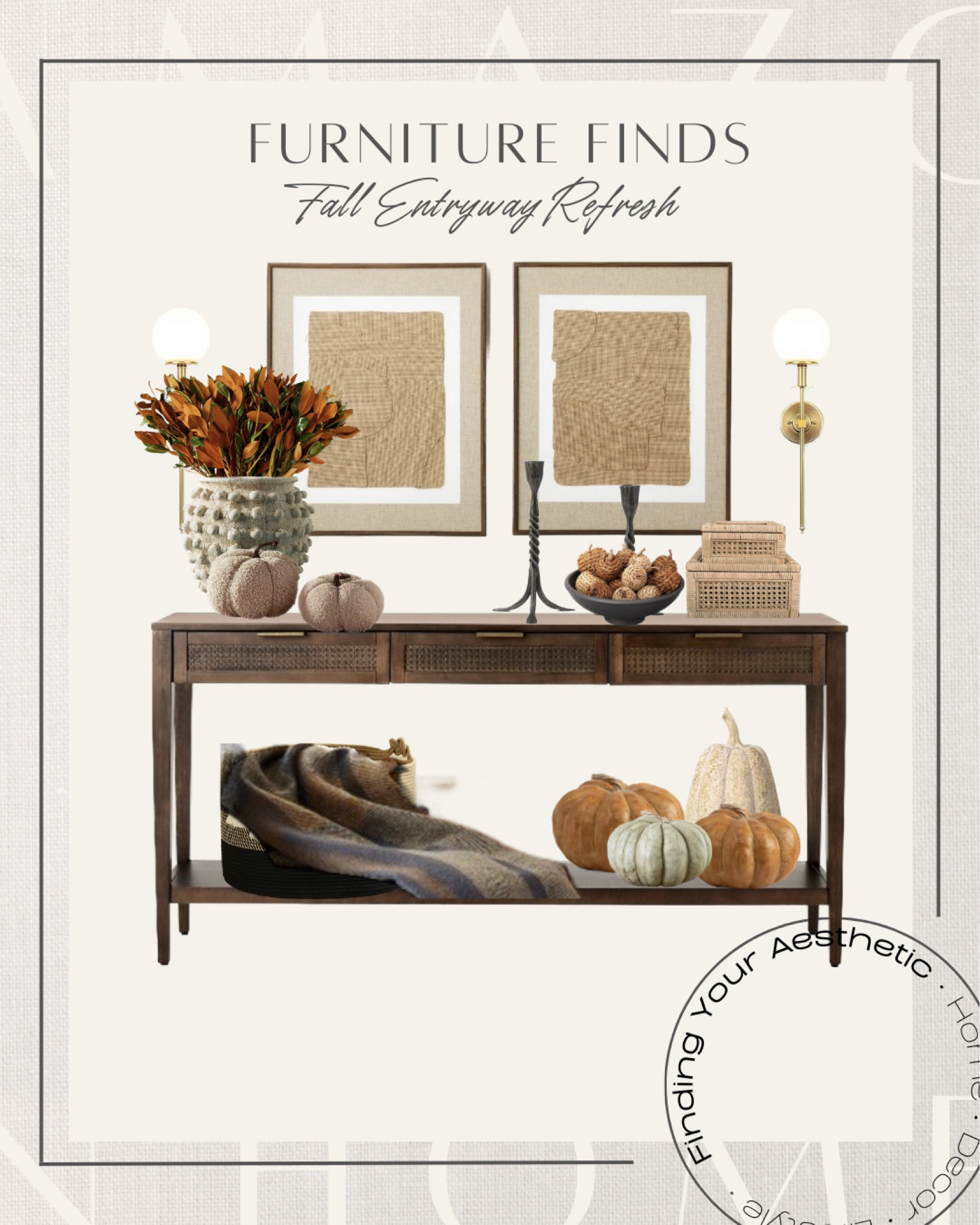Fall Entryway Refresh with seasonal fall decor favorite finds

Entryway table, rattan console table, console table, fall throw, plaid throw, storage basket, decorative pumpkins, resin pumpkins, colored pumpkins, wicker boxes, organic modern vase, neutral vase, fall stems, boucle pumpkins, organic modern wall art, mid century sconces, target home, target decor, Amazon home, Amazon decor, Kirklands

#LTKSeasonal #LTKstyletip #LTKhome