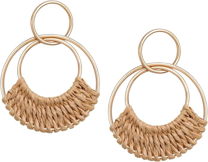 Raffia Hoop Earrings for Women Girls Fun Boho Summer Beach Earrings Lightweight Handmade Straw Wi... | Amazon (US)