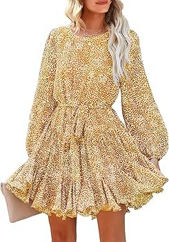 ANRABESS Women's Long Sleeve Crewneck Floral Mini Dress Ruffle Hem Flowy Swing A-Line Chiffon Sho... | Amazon (US)
