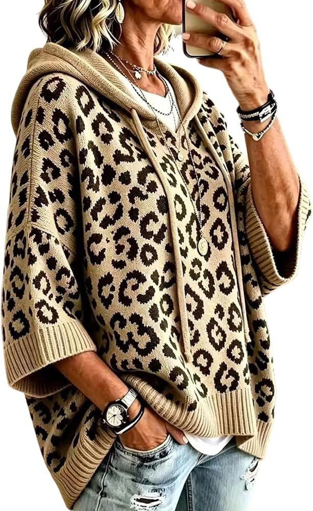 Women Leopard Print Sweater 3/4 Sleeve Drawstring Hoodie Knit Pullover Top | Amazon (US)
