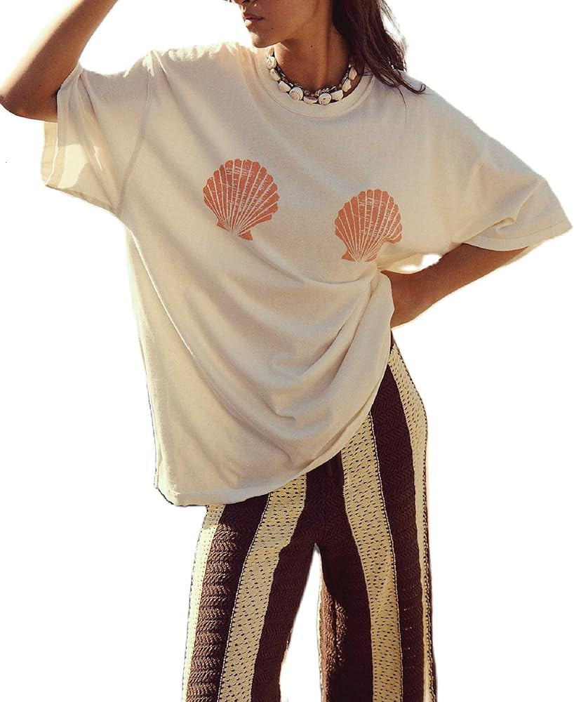 Women Y2K Graphic Oversized T Shirt Loose Fit Seashell Lobster Tees Preppy Short Sleeve Coastal B... | Amazon (US)