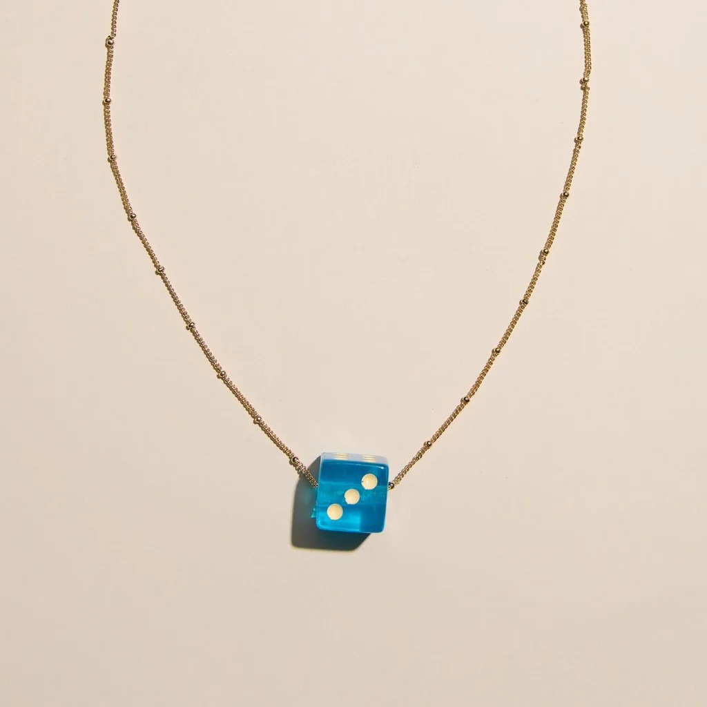 Aqua Blue Dice Charm Necklace | Nickel and Suede