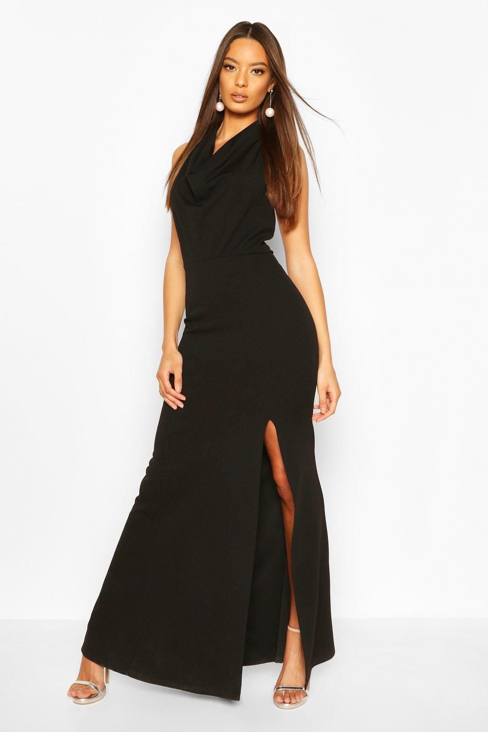 Womens Cowl Neck Halter High Split Maxi Dress - Black - 12 | Boohoo.com (US & CA)