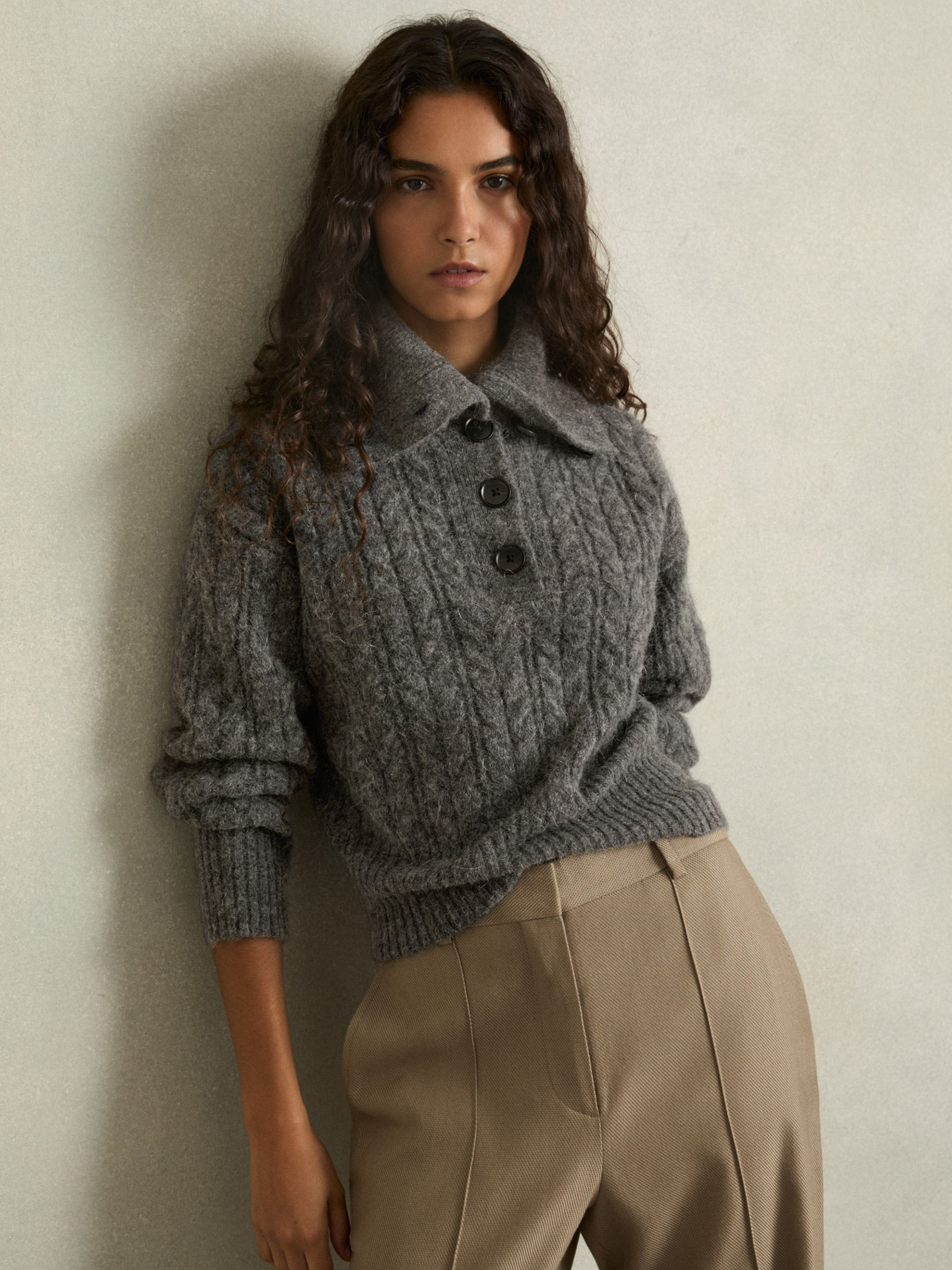 Reiss Cropped Cable-Knit Jumper With Mohair in Charcoal | REISS | Reiss US