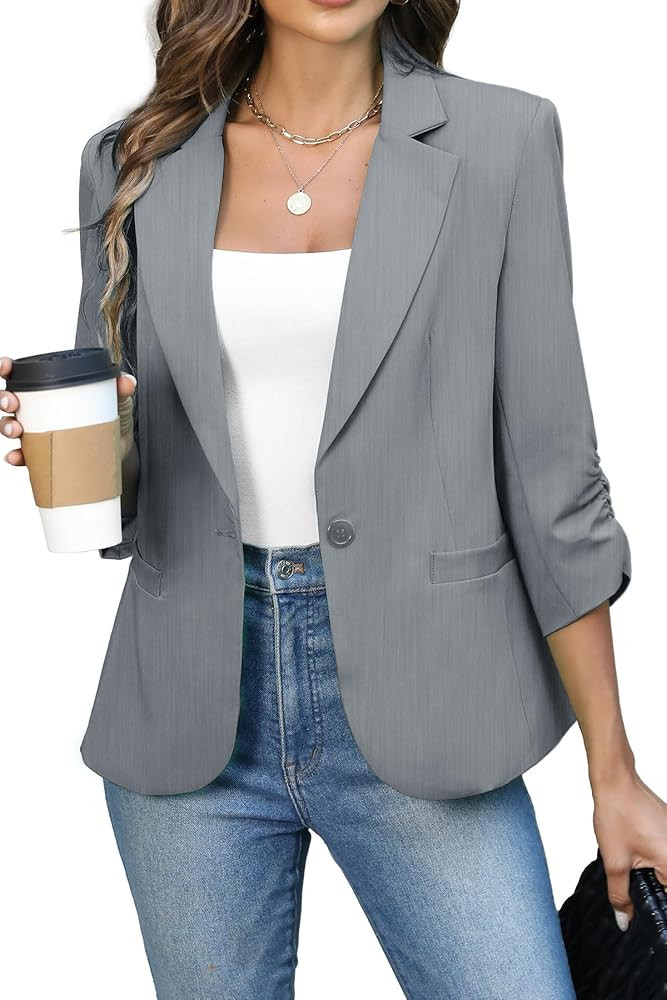 ELLEVEN Women's Ruched 3/4 Sleeve Blazers, Lightweight Slim Fit Jackets with Padded Shoulder for ... | Amazon (US)