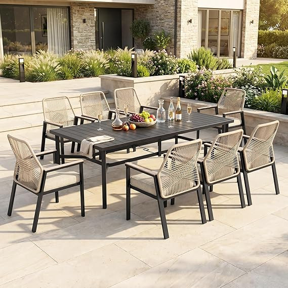 HERA'S HOUSE 9 Pieces Outdoor Dining Set, Patio Table and Chairs for 8, Cushioned Rattan Patio Ch... | Amazon (US)