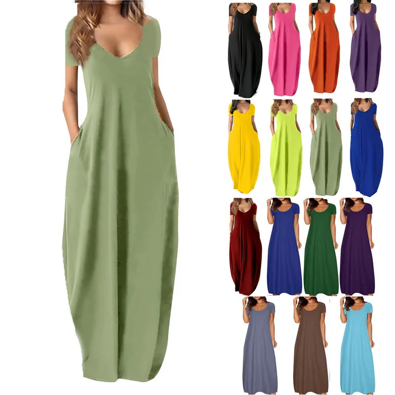 Lenago Women's Summer Dress Plus Size Deep V-Neck Standard-Fit Short Sleeve Solid Maxi Party Dres... | Walmart (US)