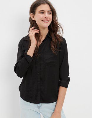 AE Silky Long-Sleeve Button-Up Shirt | American Eagle Outfitters (US & CA)