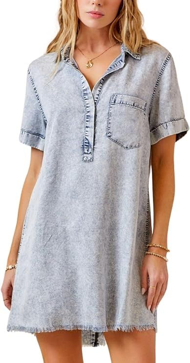 Yinawsky Women's Denim Shirt Dress Short Sleeve V Neck Casual T Shirt Cover Up Jean Dress Frayed ... | Amazon (US)