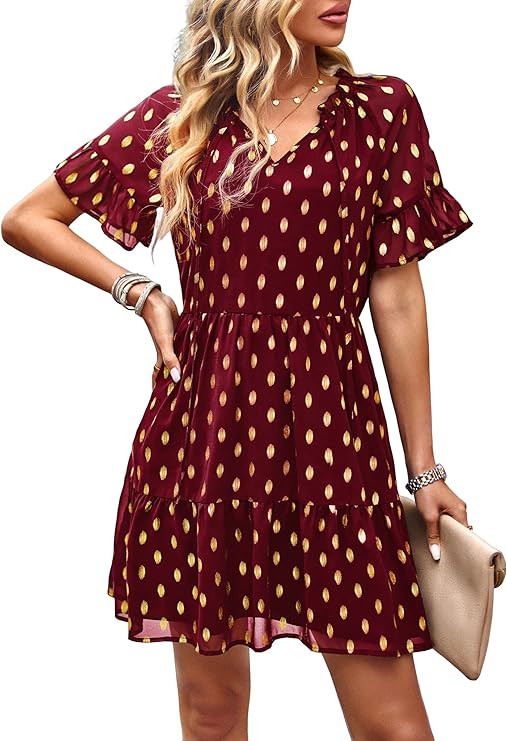 GAOVOT Women's Long Sleeve V Neck Polka Dot Dress Casual High Waist Ruffle Boho Vintage Flowy Swi... | Amazon (US)