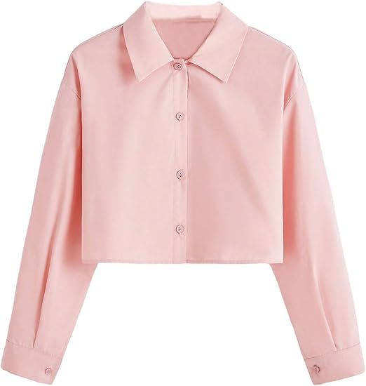 Verdusa Women's Button Down Long Sleeve Collar Shirt Blouse Crop Top | Amazon (US)