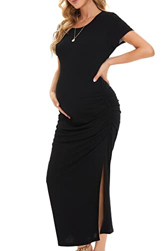 Smallshow Women's Split Long Maternity Dress Short Sleeve Ruched Pregnancy Clothes Medium Black | Amazon (US)