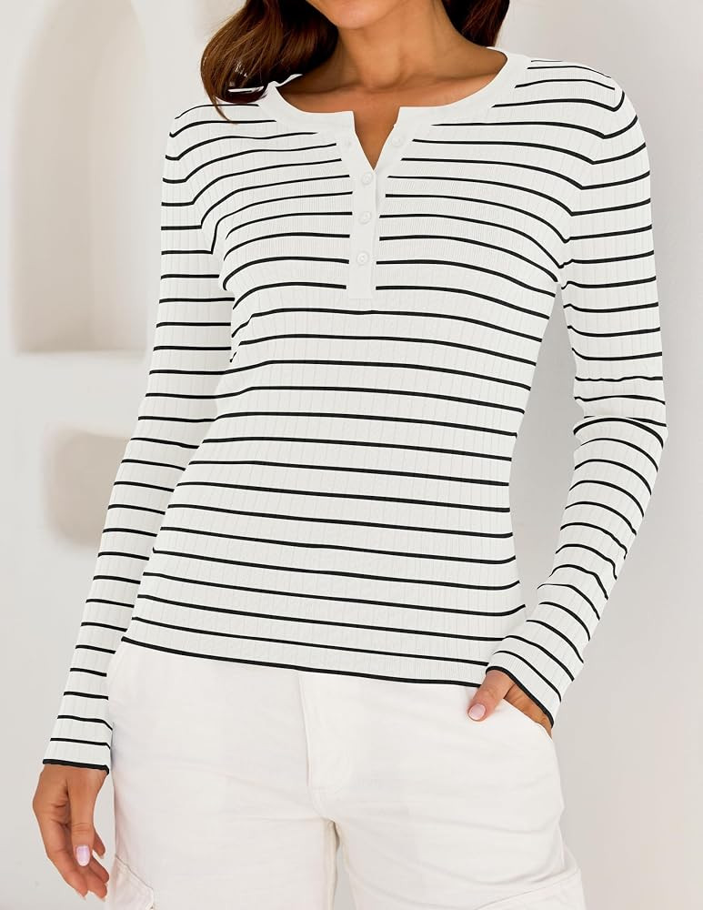 ZESICA Womens Long Sleeve Striped Shirts V Neck Button Up Sweater Casual Loose Basic Tops 2024 Tr... | Amazon (US)