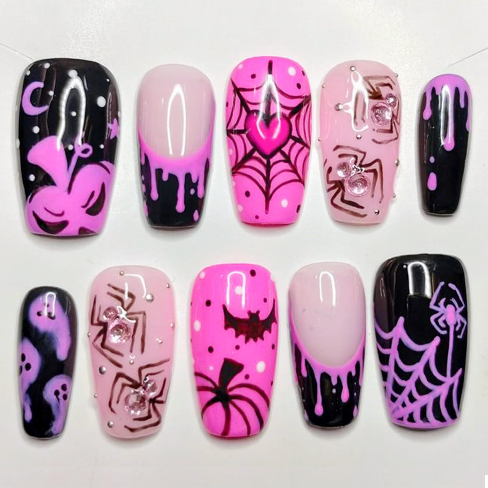 24Pcs Halloween Press on Nails Medium Square Fake Nails with Spiders Rhinestone Design French Tip Glue on Nails Cute Ghost False Nails Full Cover Pink Black Gothic Halloween Acrylic Nails for Women | Amazon (US)