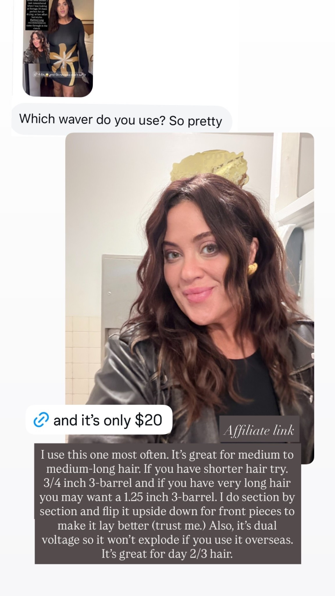 Affiliate link I use this one most often. It’s great for medium to medium-long hair. If you have shorter hair try. 3/4 inch 3-barrel and if you have very long hair you may want a 1.25 inch 3-barrel. I do section by section and flip it upside down for front pieces to make it lay better (trust me.) Also, it’s dual voltage so it won’t explode if you use it overseas. It’s great for day 2/3 hair.

#LTKgrwm #LTKBeauty #LTKSaleAlert