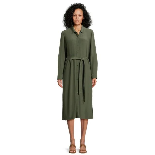 Time and Tru Women’s Button Front Shirt Dress with Long Sleeves, Sizes XS-XXXL - Walmart.com | Walmart (US)