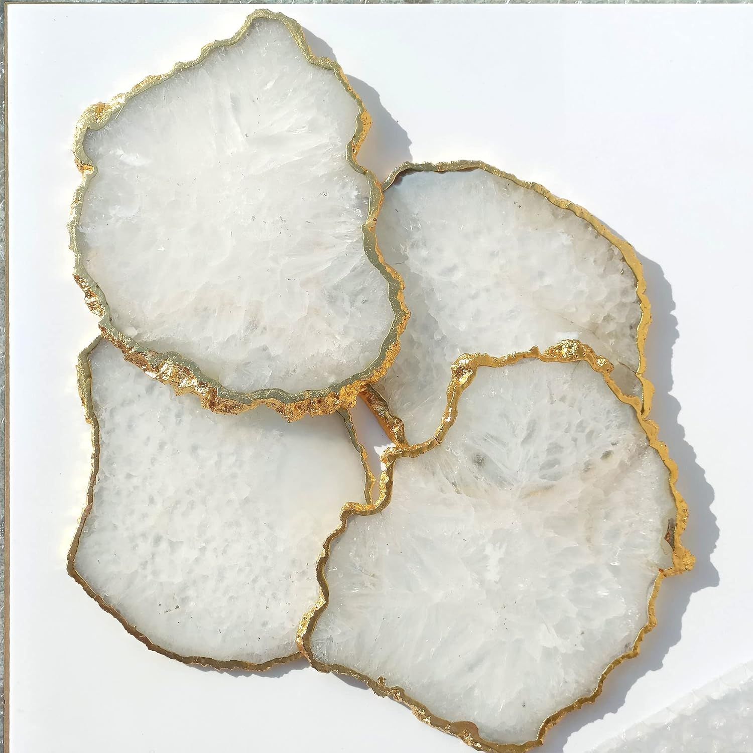 White Agate Coasters Natural Sliced, Geode Coaster for Drinks, Coffee Table décor with Gold Plat... | Amazon (US)