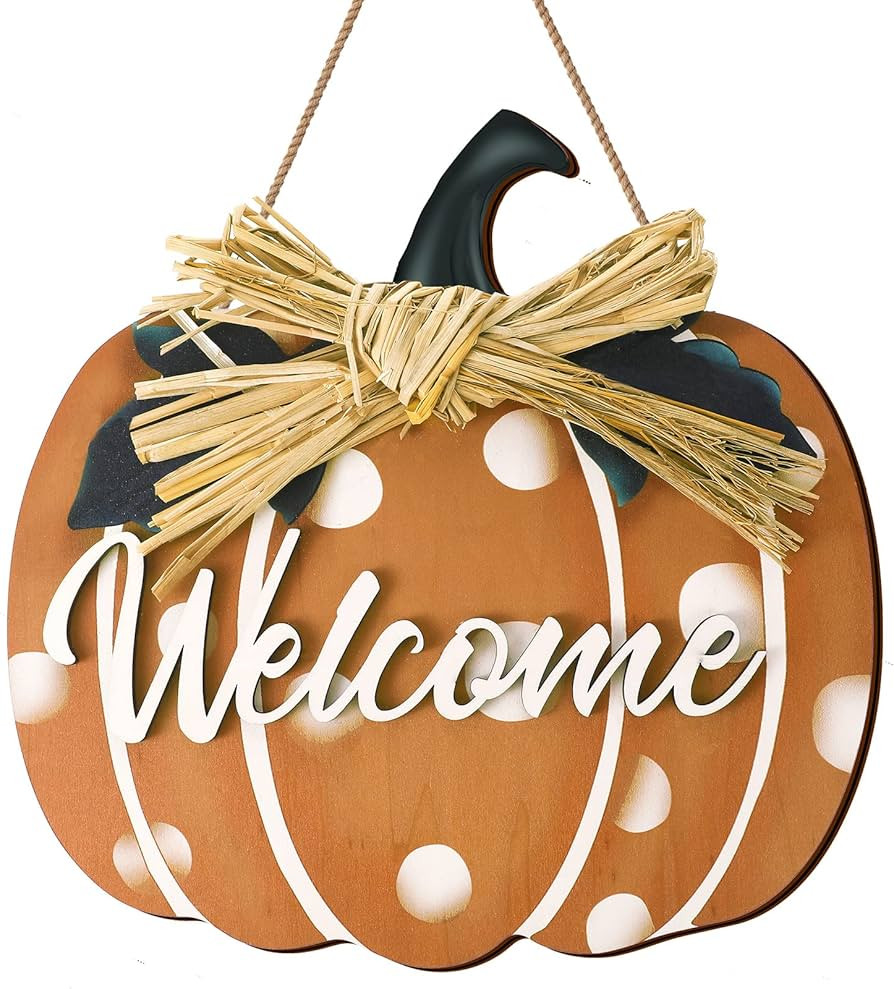 Shellwei Fall Pumpkin Welcome Sign for Front Door Wood Pumpkin Hanging Decor Thanksgiving Wooden ... | Amazon (US)