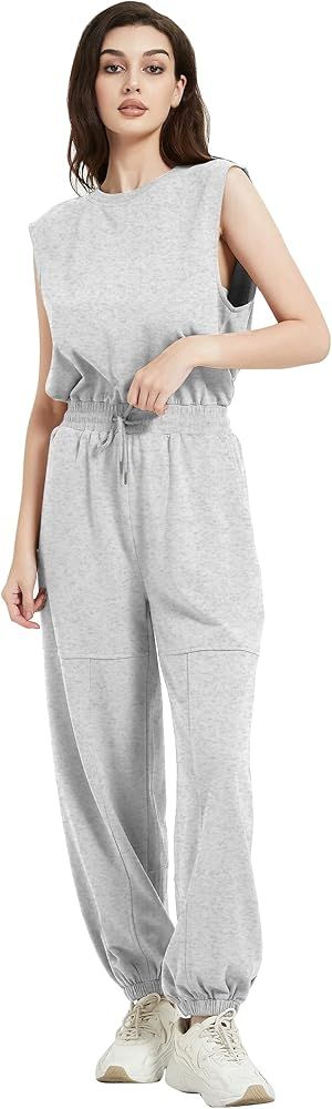 Kissonic Women's Casual Jumpsuits Sleeveless Loose One Piece Outfits Drawstring Crewneck Onesie with | Amazon (US)