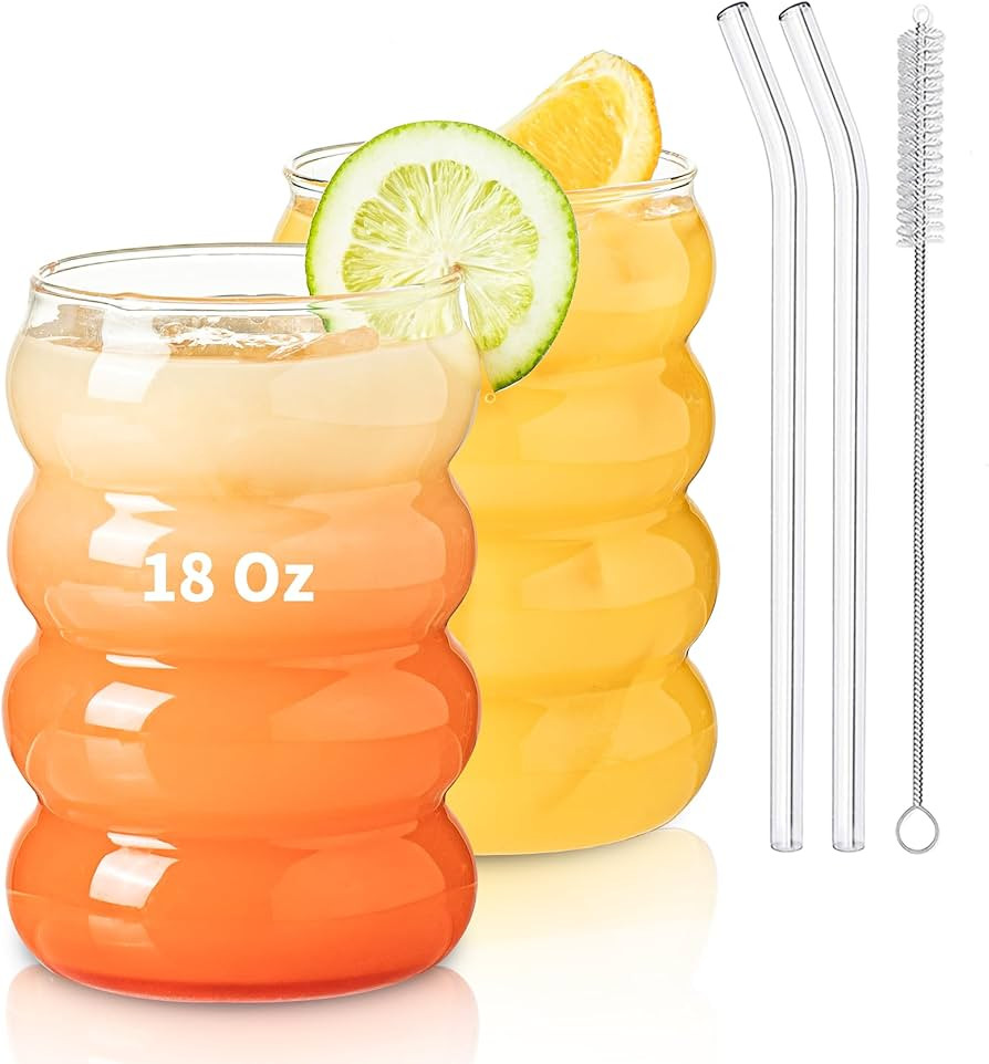 KEMORELA 2PCS Wave Bubble Beverage Glasses With Straws, 18 Oz Vintage Glass Cups, Aesthetic Iced ... | Amazon (US)