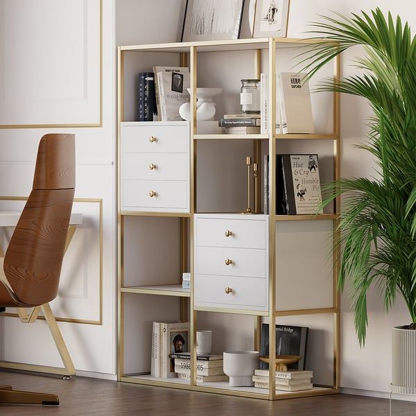 White and Gold Geometric Bookcase 6 Shelves & 6 Drawers Bookshelf-Homary | Homary