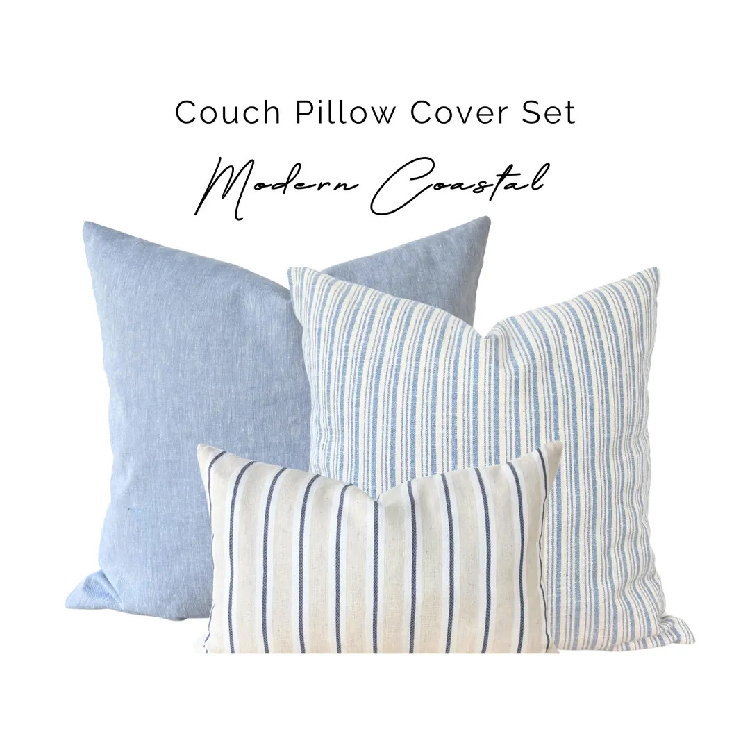 Coastal Blue Cream Striped Pillow Cover Set, Modern Coastal Blue Cream Throw Pillow, Blue Cream L... | Etsy (US)