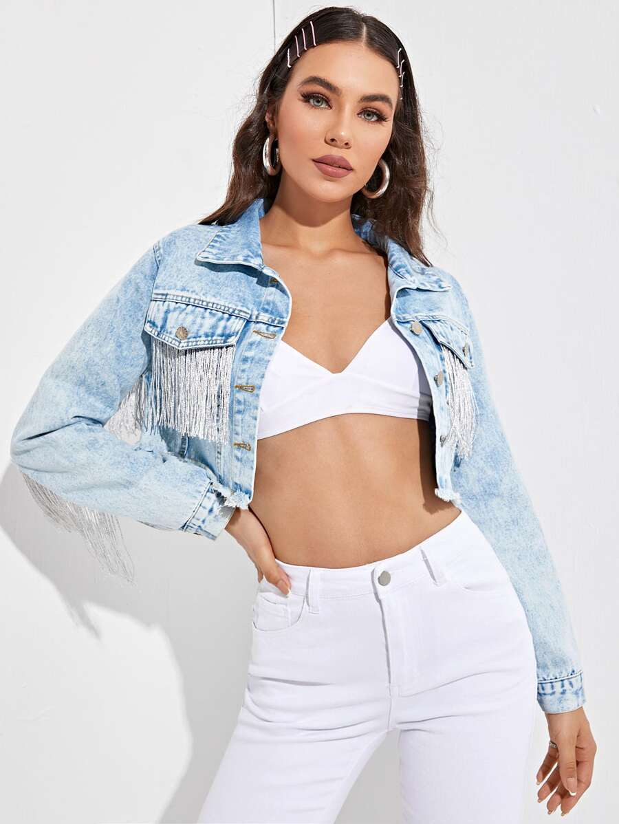 Raw Hem Fringe Detail Crop Denim Jacket | SHEIN