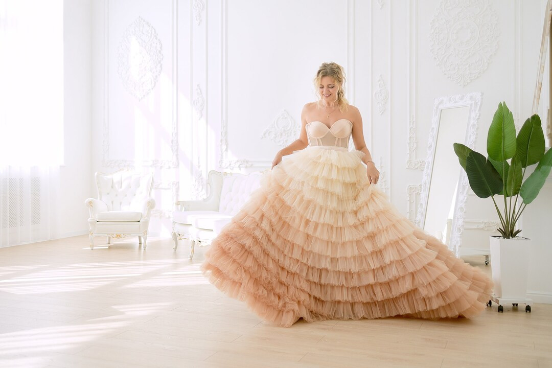 Champagne Ombre Wedding Dress Tulle Tiered Dress Romantic - Etsy | Etsy (US)