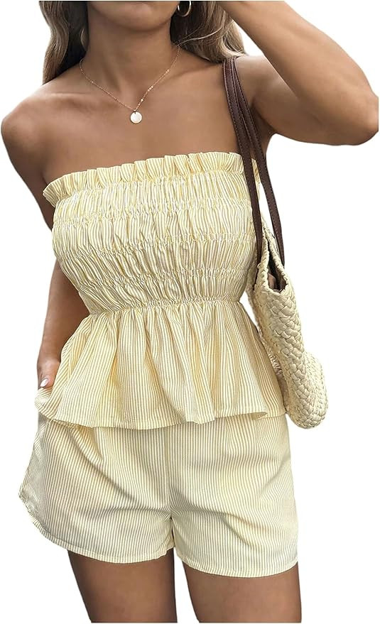 SweatyRocks Women's 2 Piece Vacation Outfits Striped Ruffle Hem Tube Top and Shorts Set Summer | Amazon (US)