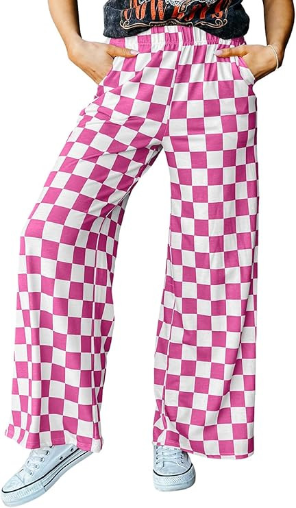Acelitt Womens Casual Checkered Pants Elastic Waist Comfy Loose Wide Leg Pants with Pockets | Amazon (US)