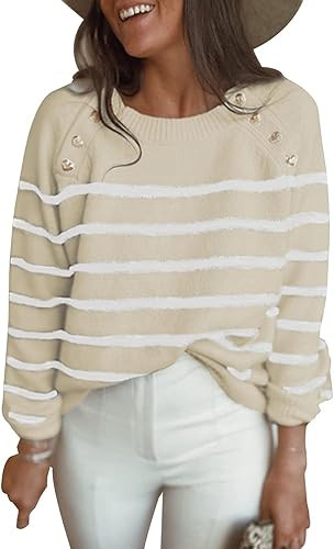 Amkoyam Women's Striped Sweaters 2023 Long Sleeves Knitted Casual Pullovers Loose Shirt Tops with... | Amazon (US)