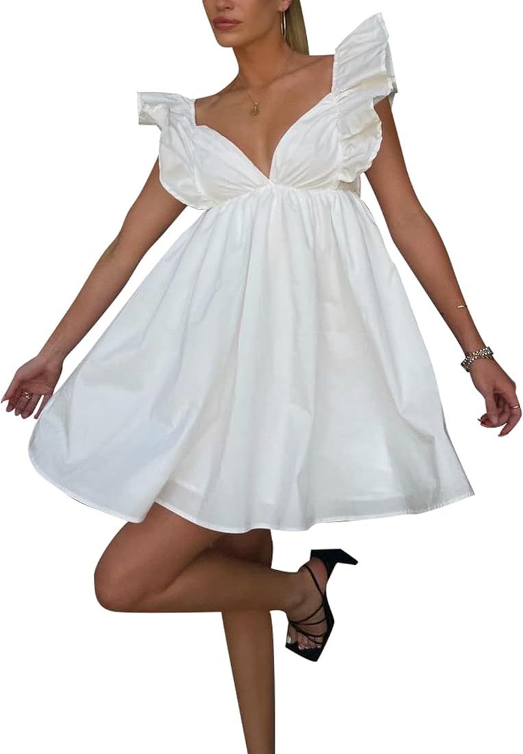 Womens Spring Summer V Neck Knot Back Causal Strap Short Flowy Swing Mini Dress | Amazon (US)