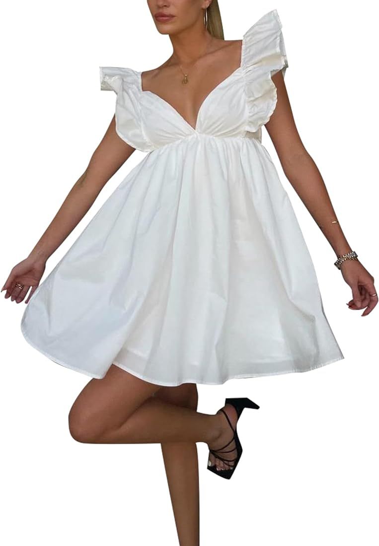 Womens Spring Summer V Neck Knot Back Causal Strap Short Flowy Swing Mini Dress | Amazon (US)