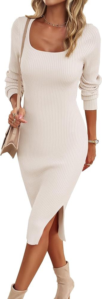 VintageClothing Women's 2023 Fall Long Sleeve Sweater Dress Square Neck Side Slit Bodycon Ribbed ... | Amazon (US)