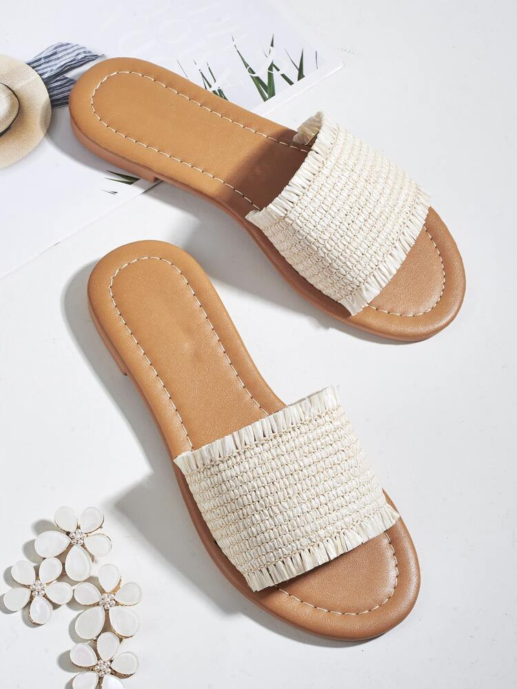 Fringe Trim Woven Slide Sandals | SHEIN