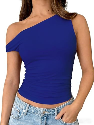 TiulZial Women Off Shoulder Going Out Tank Top Slim Fitted Shirts Double Lined Summer Outfits Y2k Cute Summer Top(Royal Blue,M) | Amazon (US)
