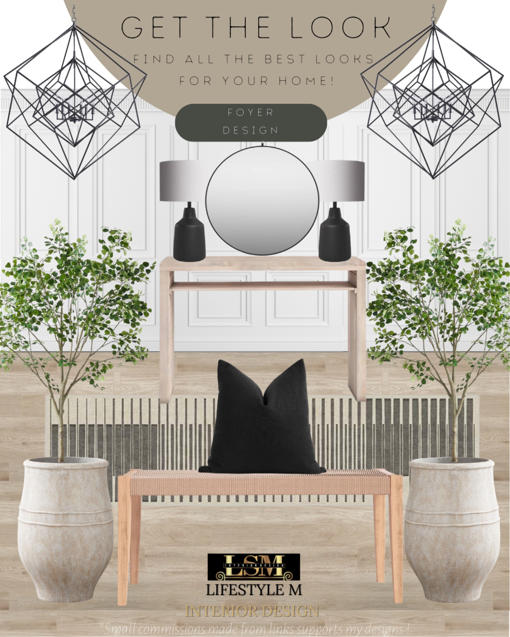 Modern farmhouse foyer idea. Recreate the look with these home furniture and decor finds! Black round mirror, wood weave bench, foyer stripped runner rug, ceramic tree planter pot, realistic fake tree, black throw pillow, black lamp, foyer chandelier, wood console table.

#LTKhome #LTKFind #LTKstyletip