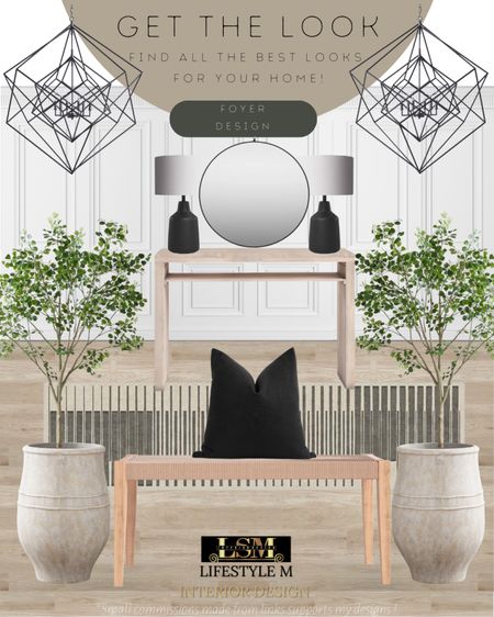 Modern farmhouse foyer idea. Recreate the look with these home furniture and decor finds! Black round mirror, wood weave bench, foyer stripped runner rug, ceramic tree planter pot, realistic fake tree, black throw pillow, black lamp, foyer chandelier, wood console table.

#LTKhome #LTKFind #LTKstyletip