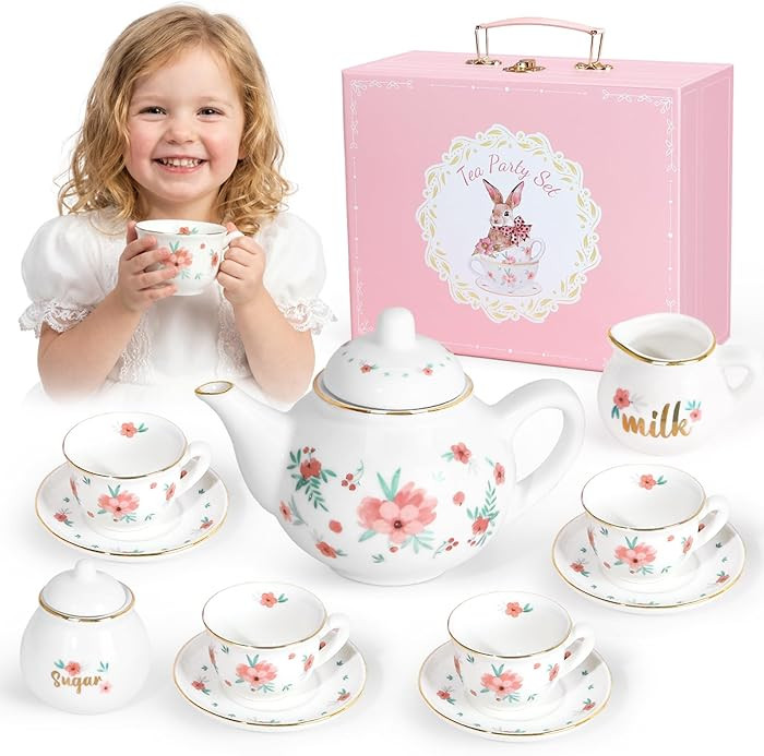 Porcelain Tea Set for Girls, Tea Party Set for Little Girls, Kids Tea Set Kitchen Pretend Play, P... | Amazon (US)