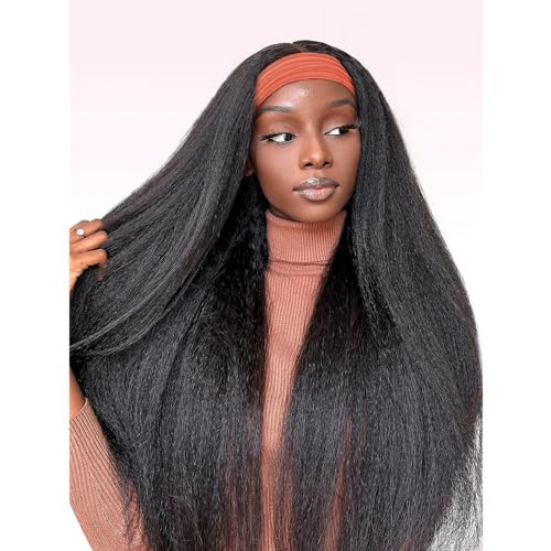 Headband Wig For Black Women Kinky Straight Headband Wig Human Hair 180% Density Yaki Straight Headband Wigs Wear and Go Glueless Wig Human Hair Machine Made Natural Black Headband Wigs(24in) | Amazon (US)